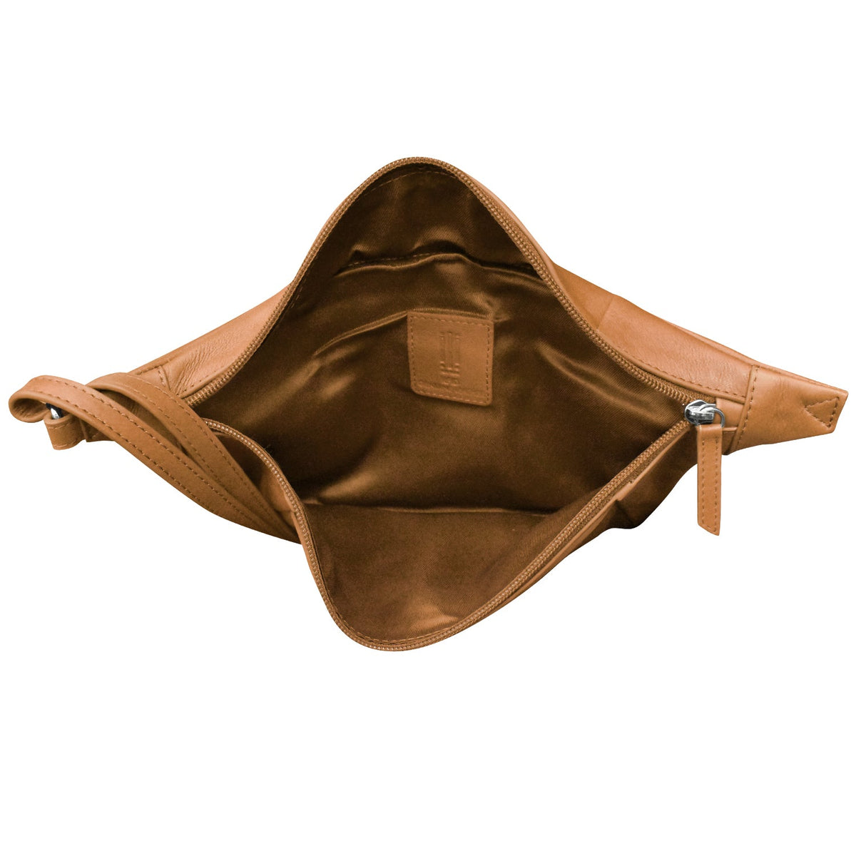 Brown leather bag with visible brand logo on a white background