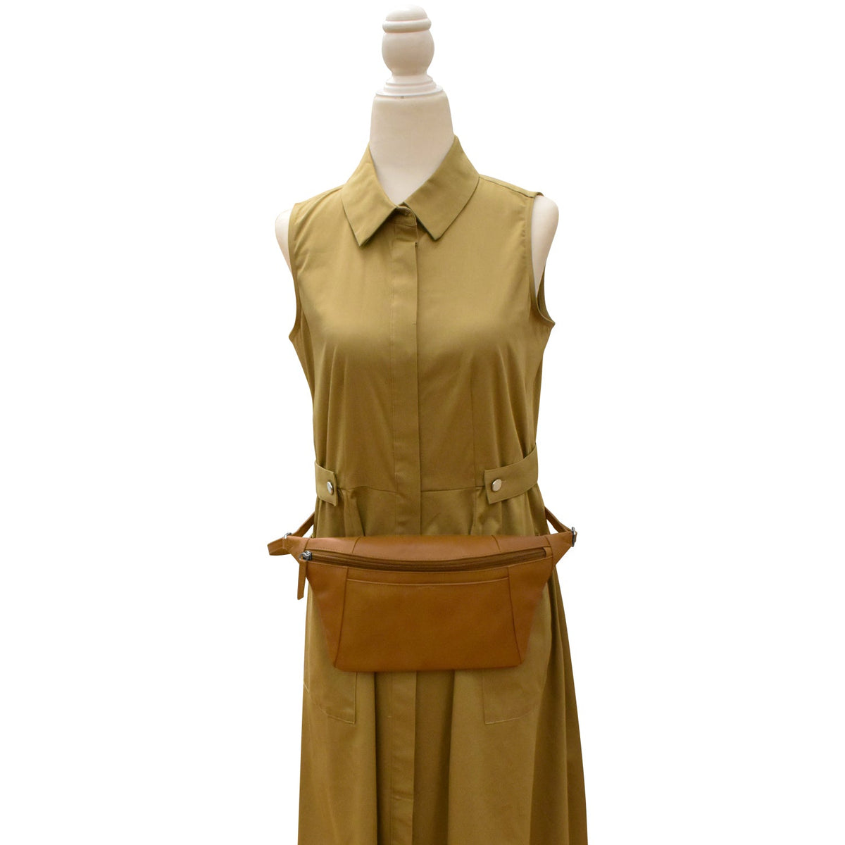Mannequin wearing a beige sleeveless dress with a brown belt bag on a white background