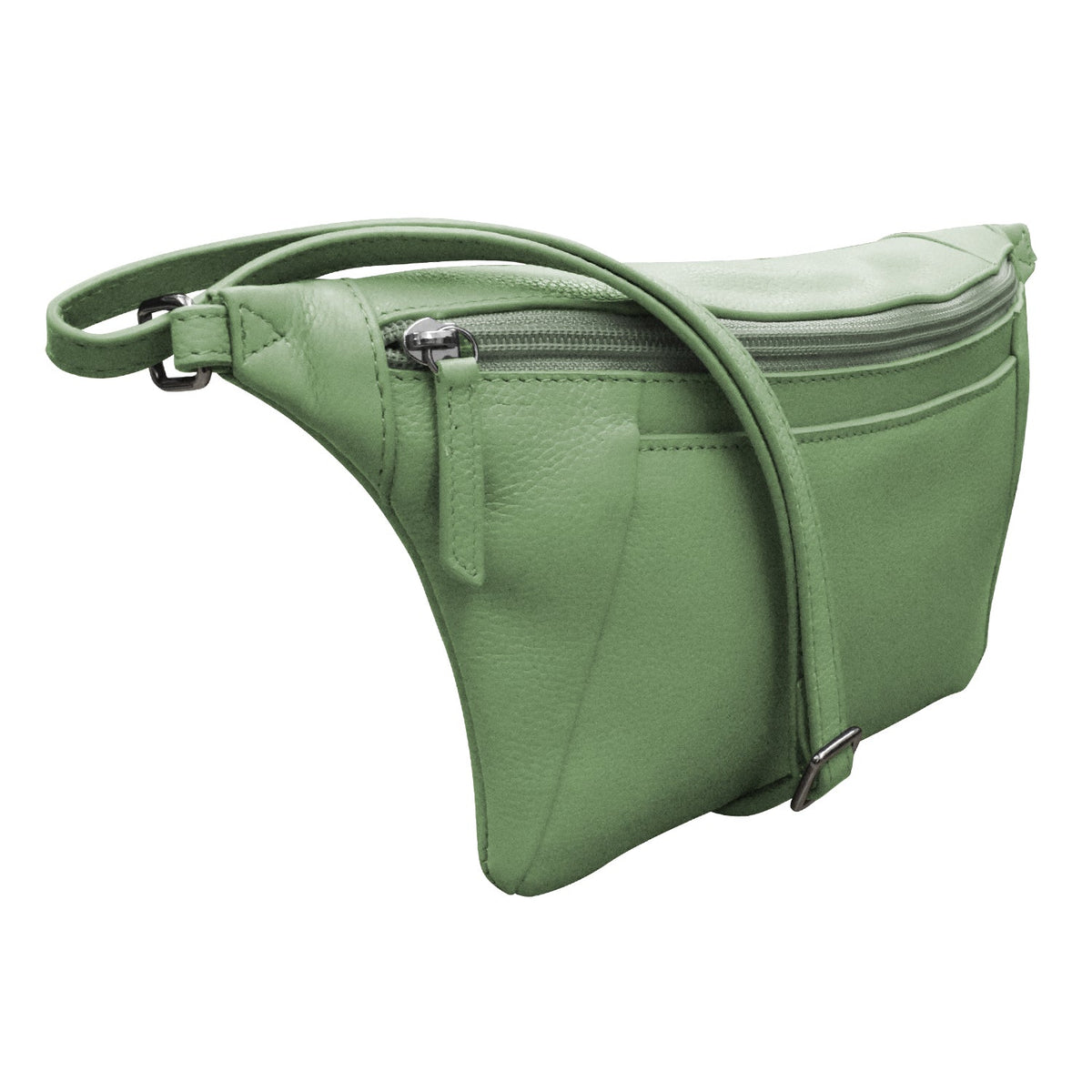 Green leather waist bag on a white background