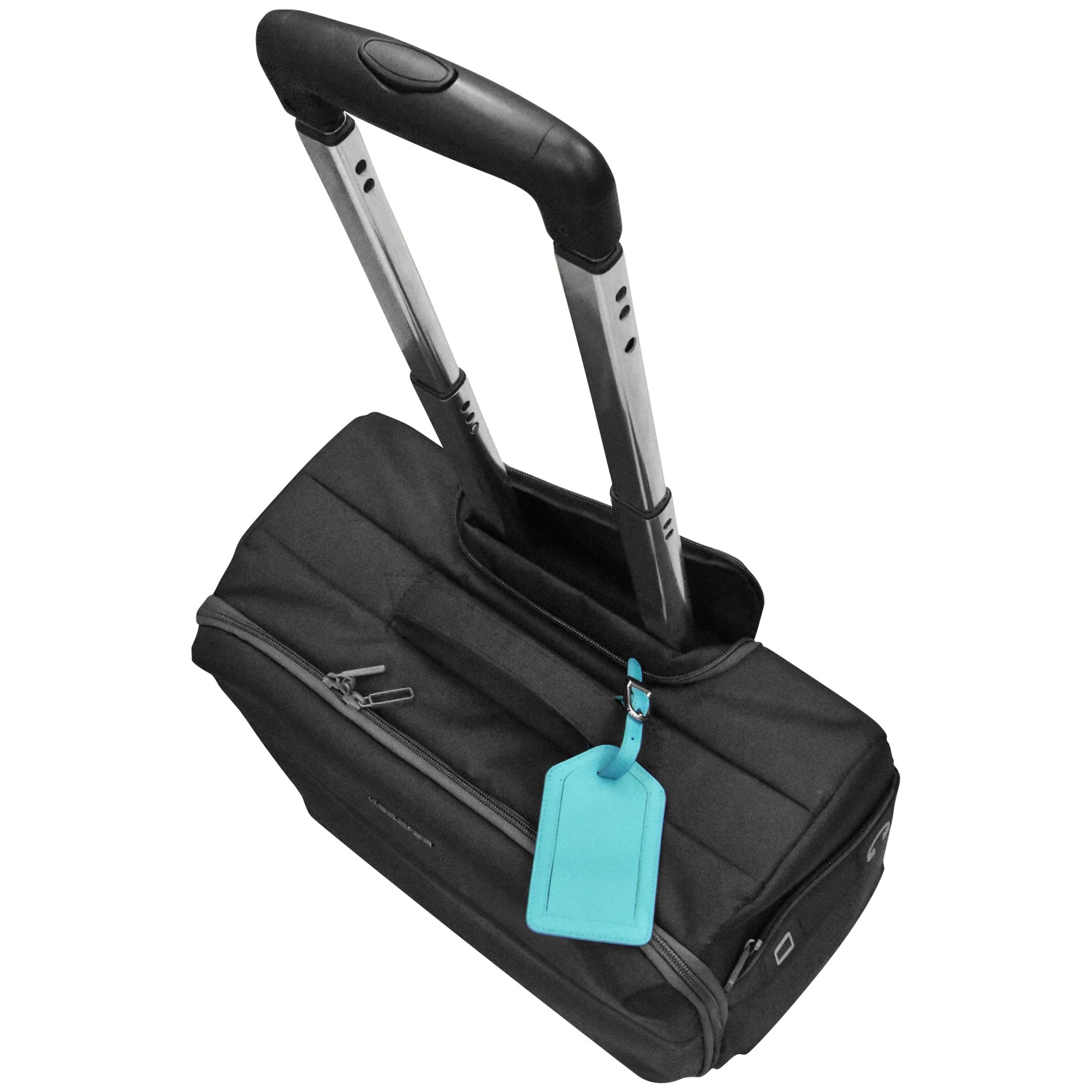 Black rolling suitcase with a blue tag on a white background