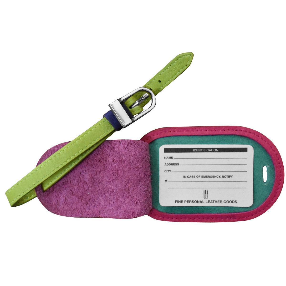 Luggage tag with a green strap on a white background