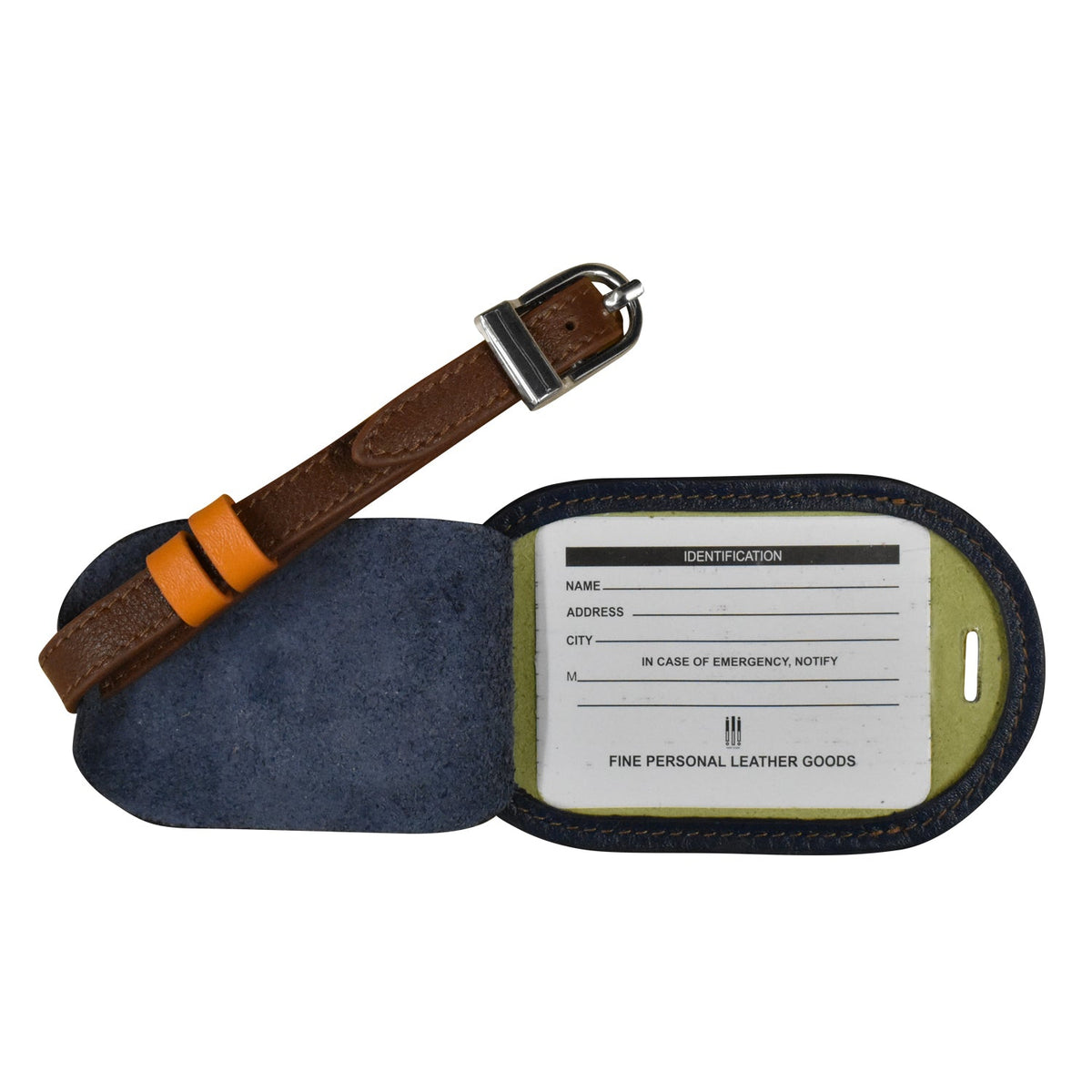 A leather luggage tag with a brown strap, silver buckle, and orange accent loop, shown open to reveal a dark blue interior and a white identification card.