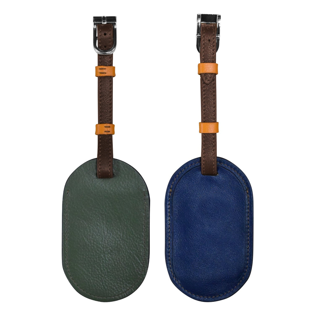 Two oval leather luggage tags side by side on a white background, one in dark green and one in navy blue, both with brown leather straps and orange accents.