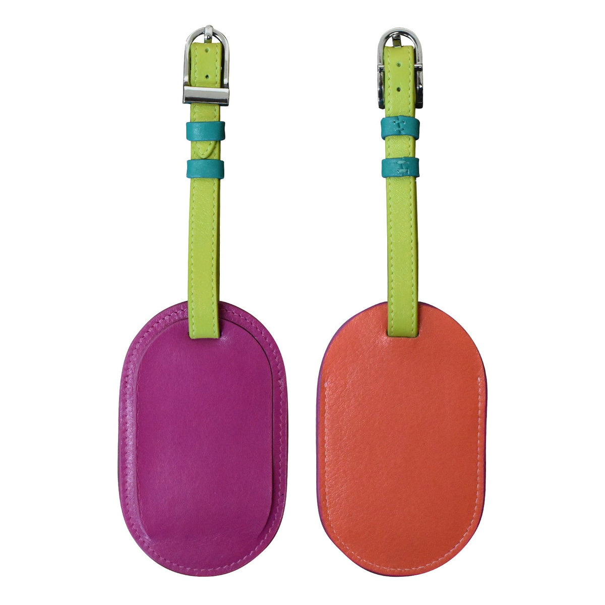 Two colorful luggage tags with green straps on a white background