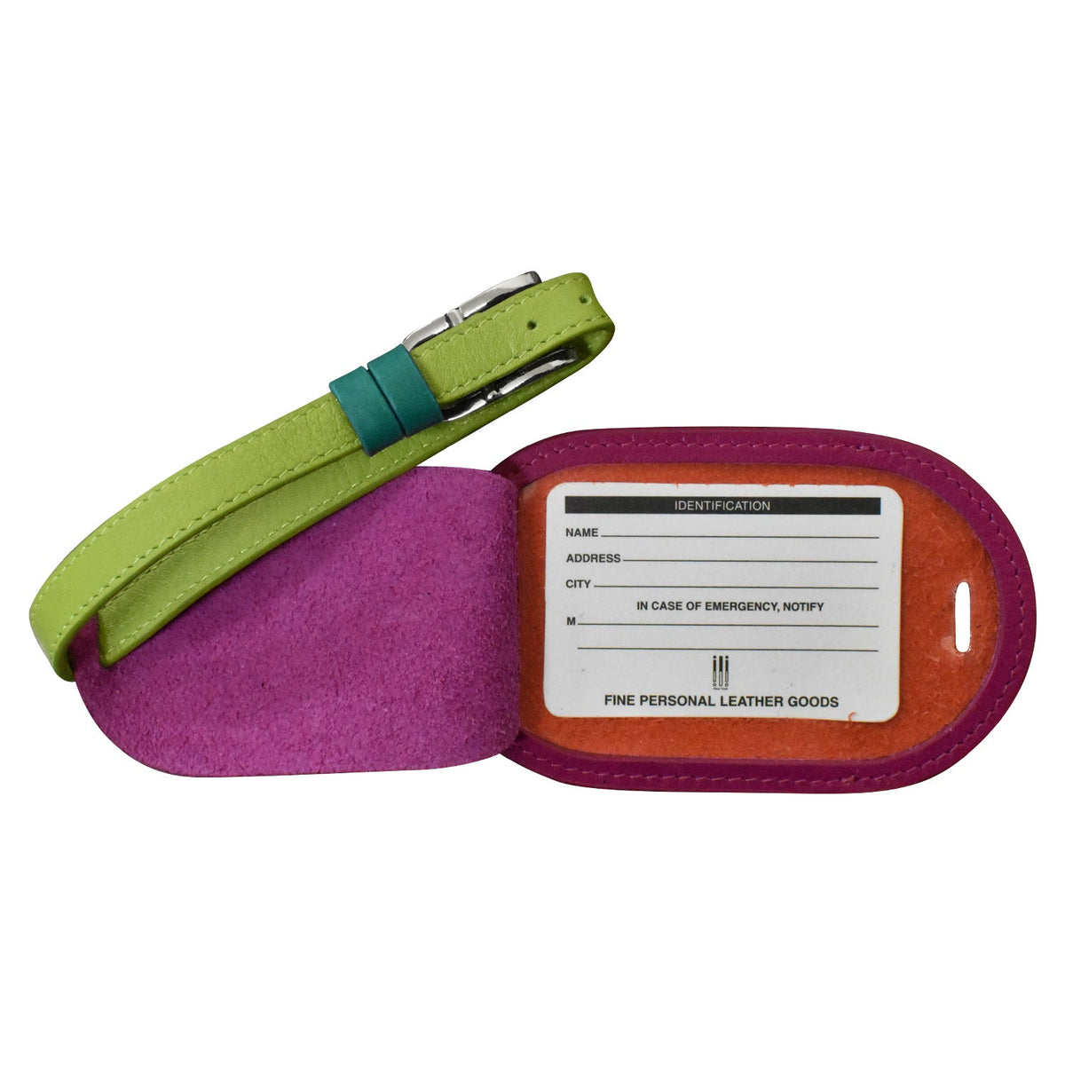 Purple leather case with a green strap and a white label on a white background