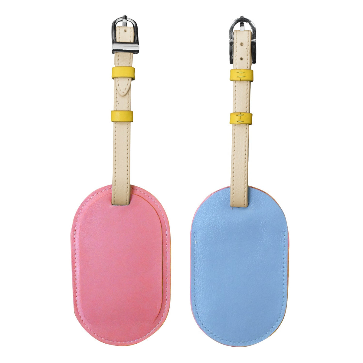 Two oval-shaped luggage tags, one pink and one blue, with yellow straps on a white background.