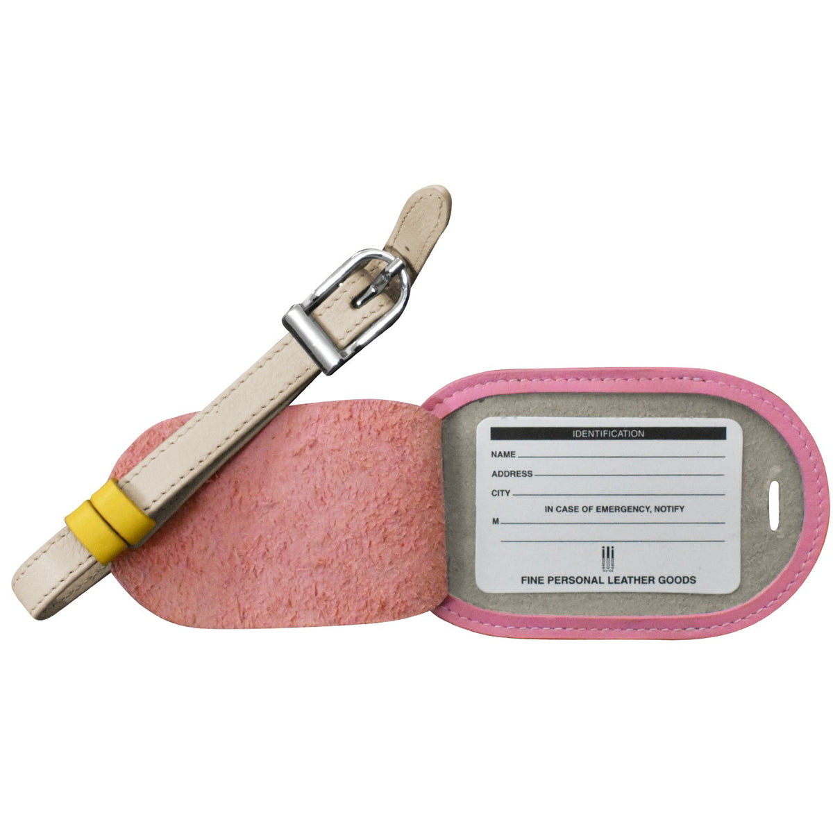 Pink leather luggage tag with a strap on a white background