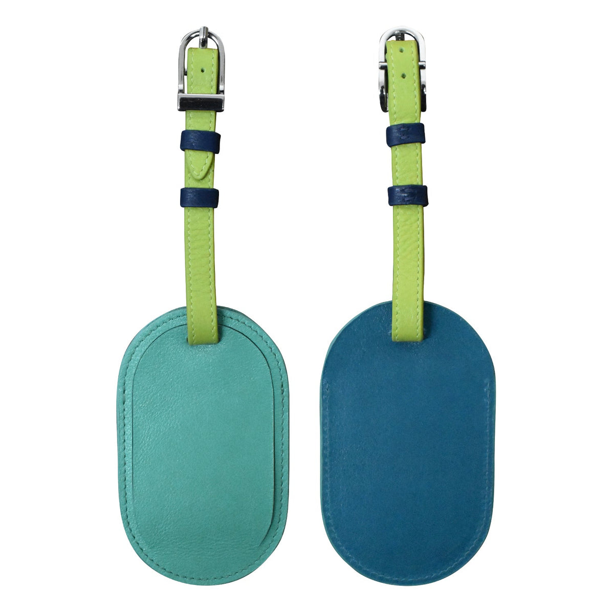 Two oval luggage tags, one green and one blue, on a white background.