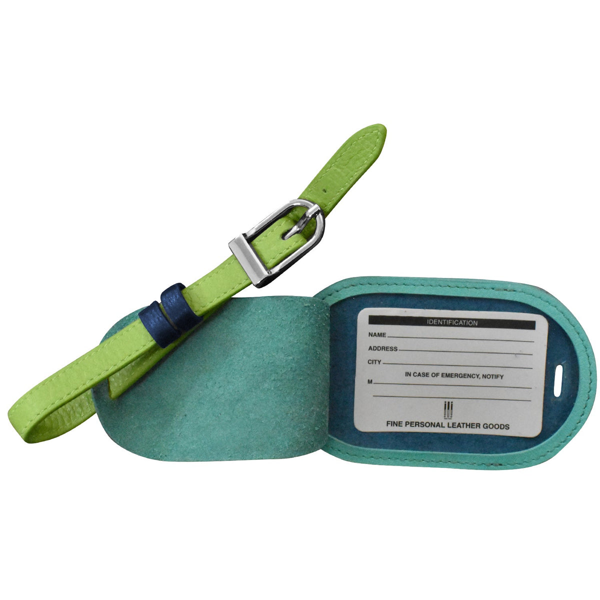 Green leather luggage tag with a silver buckle on a white background