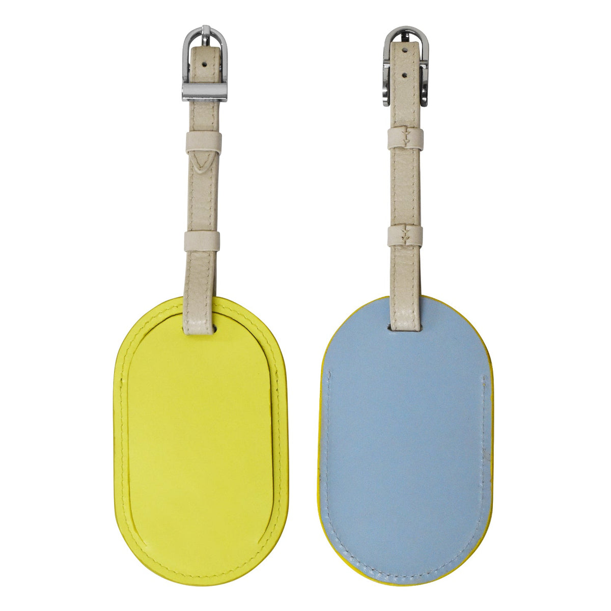 Two oval luggage tags, one yellow and one blue, with beige straps on a white background.