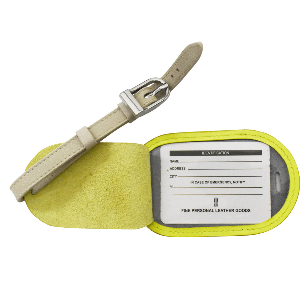 A light beige leather luggage tag with a matching adjustable strap and silver buckle, featuring a clear ID window with a white identification card and a bright yellow-green border.