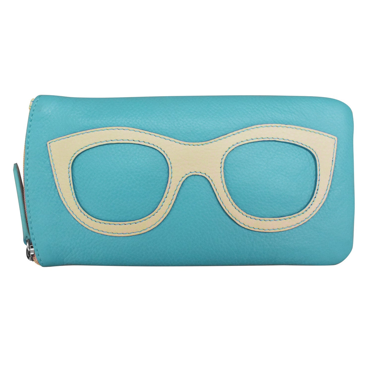 Turquoise clutch with beige eyeglass frame design on a white background