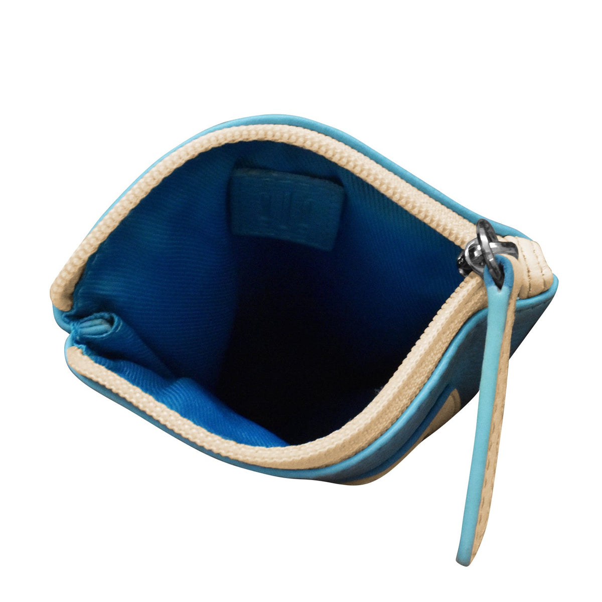 Small blue pouch with beige interior and strap on a white background