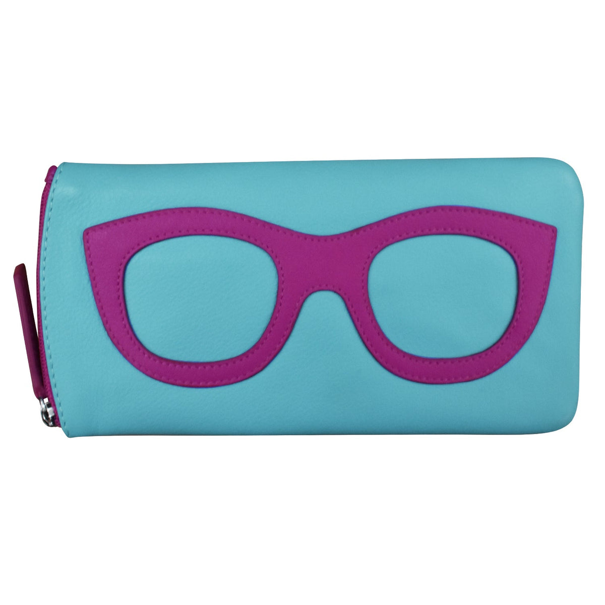 Turquoise wallet with purple glasses design on a white background