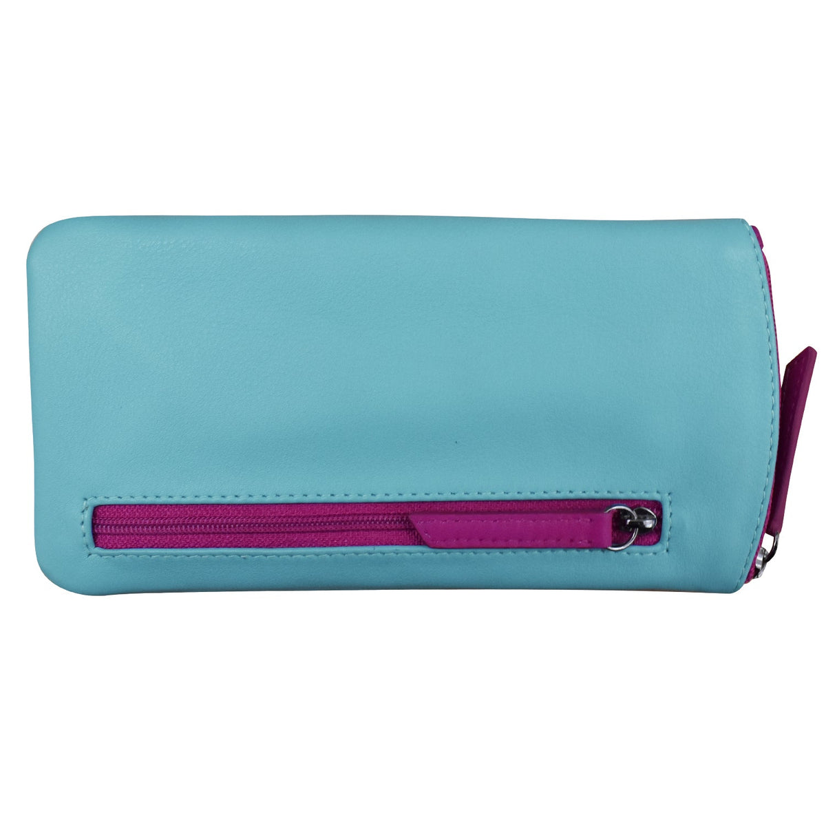 Blue wallet with a purple zipper on a white background