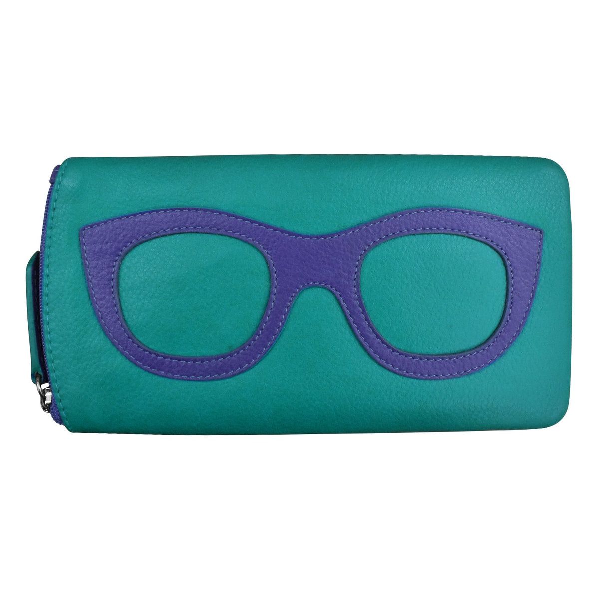 Teal wallet with purple accents on a white background