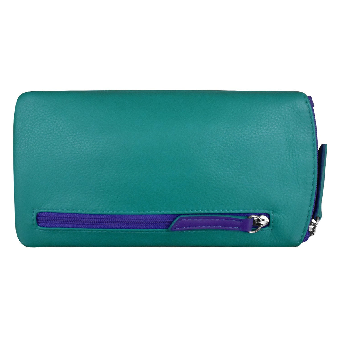 Teal clutch bag with a purple zipper on a white background
