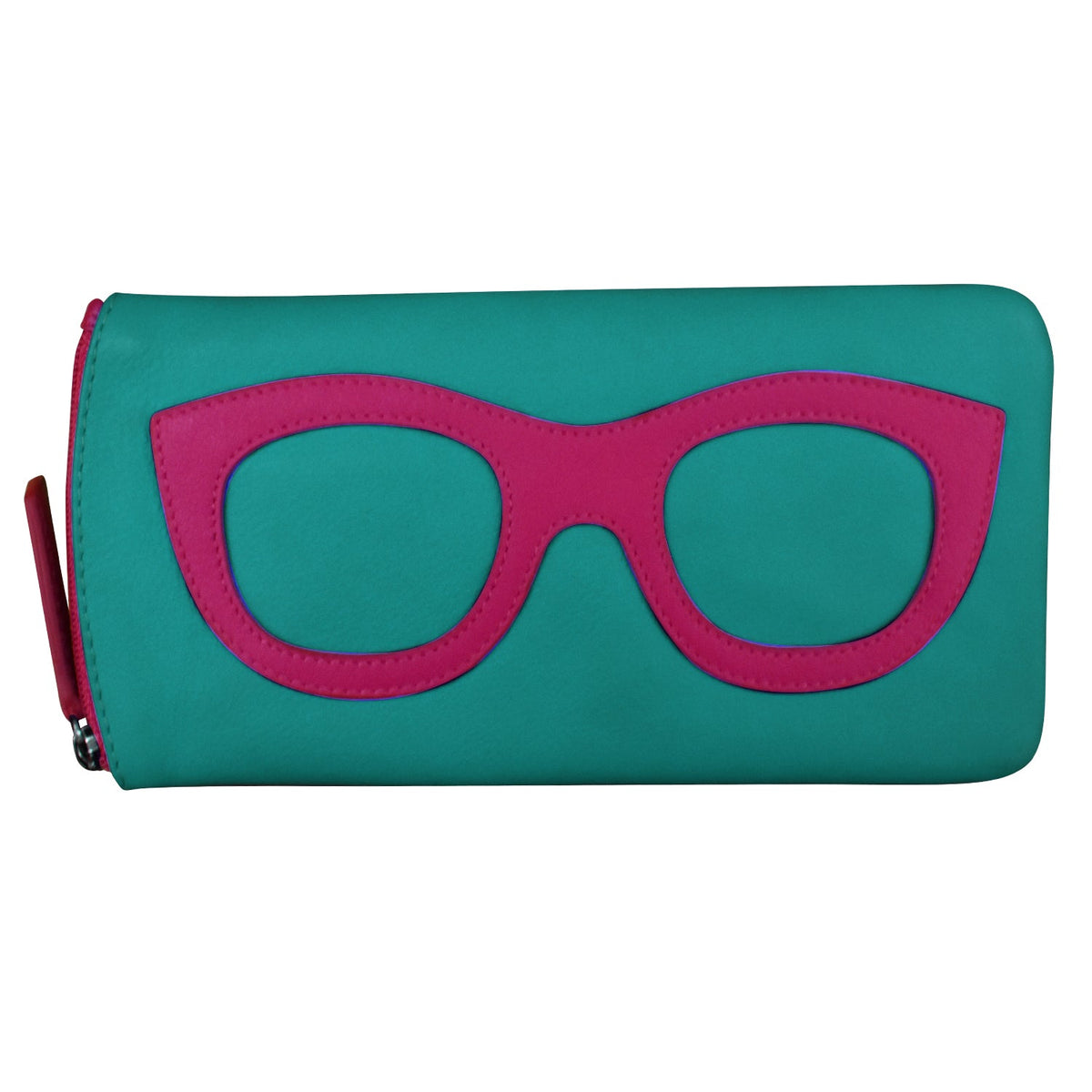 Teal wallet with pink glasses design on a white background