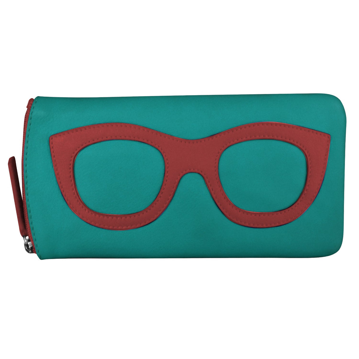 Teal wallet with red eyeglass frame design on a white background