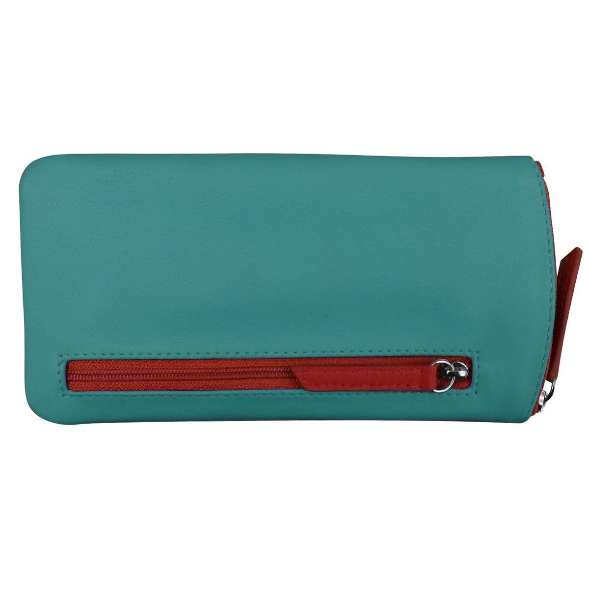 Teal wallet with a red zipper on a white background