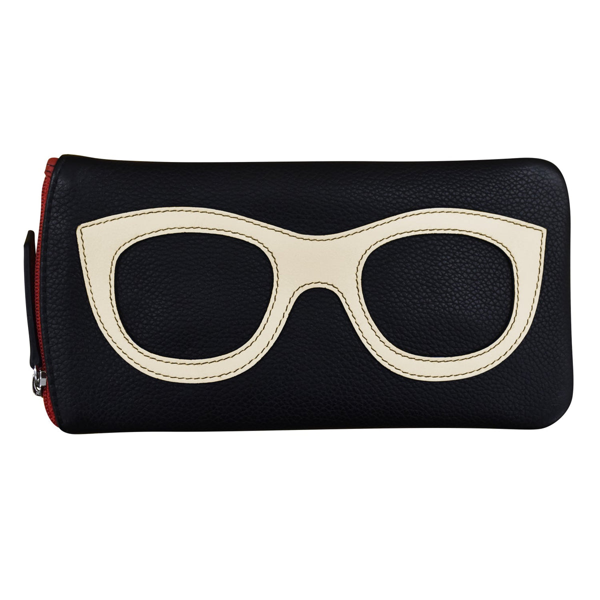 Black pouch with white glasses design on a white background
