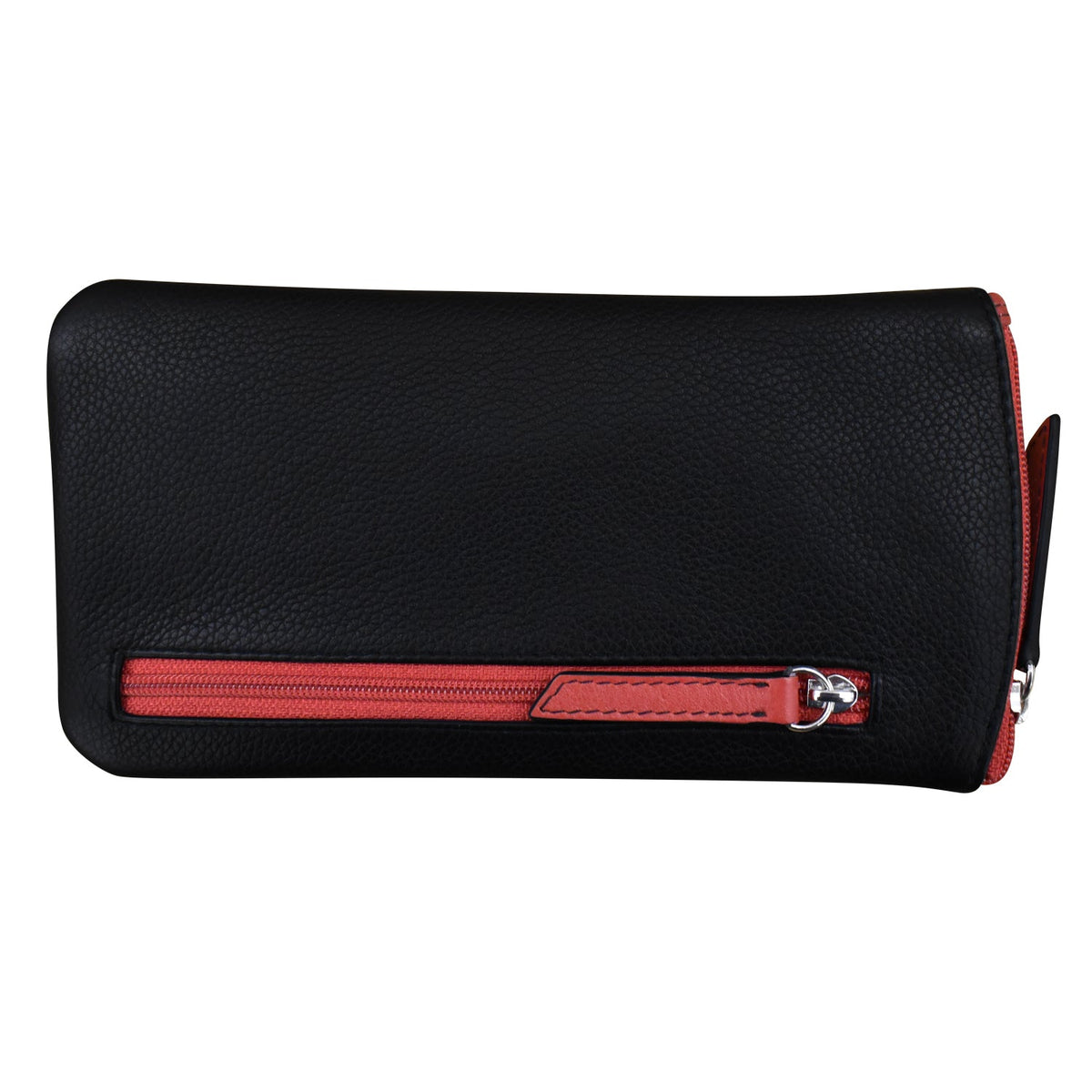 Black clutch bag with a red zipper on a white background