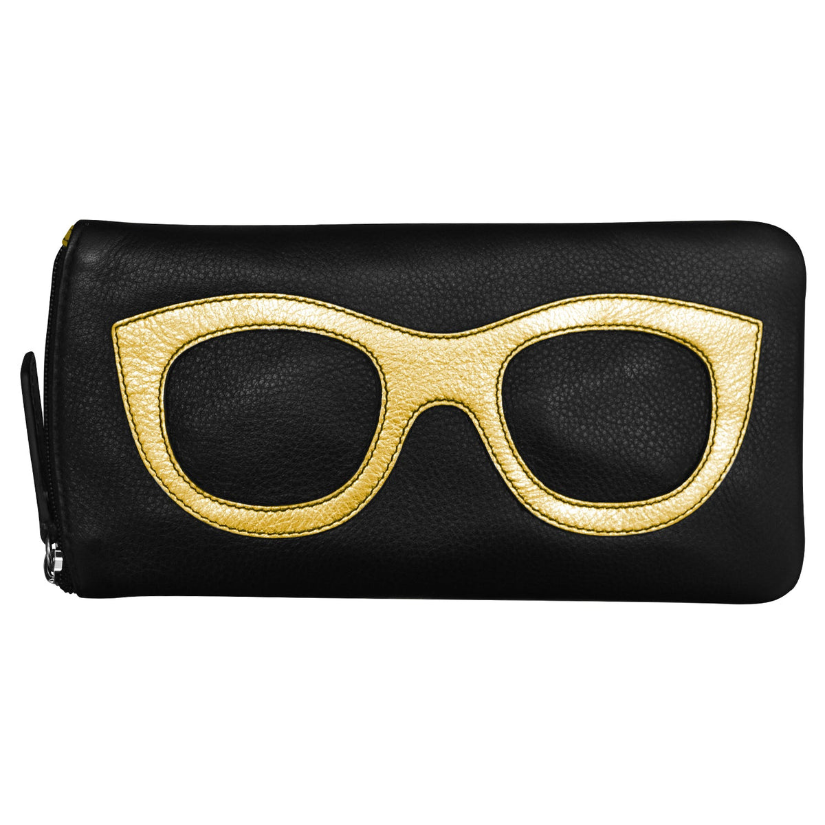 Black clutch with gold glasses design on a white background