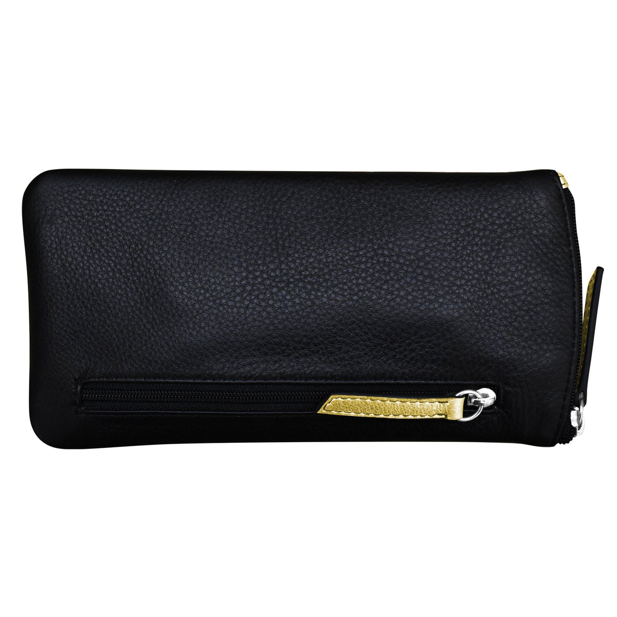 Black clutch bag with gold zipper on a white background