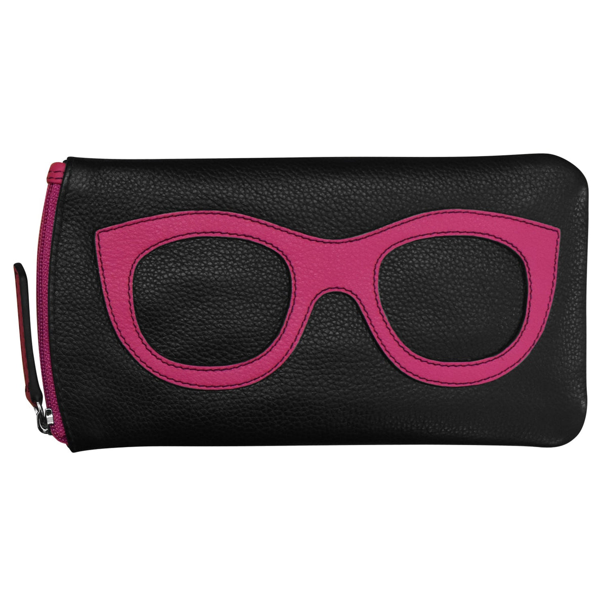 Black wallet with pink eyeglass frame design on a white background