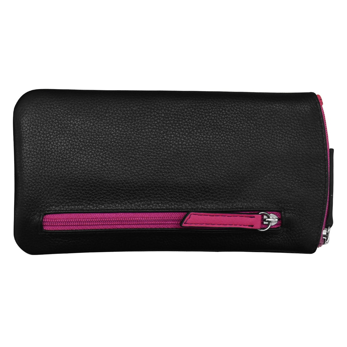 Black wallet with a pink zipper on a white background