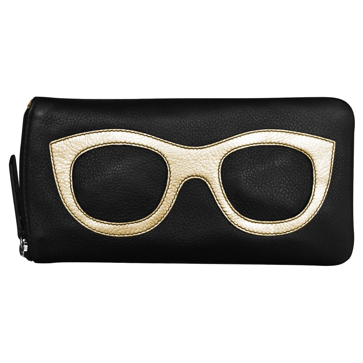 Black clutch with gold glasses design on a white background