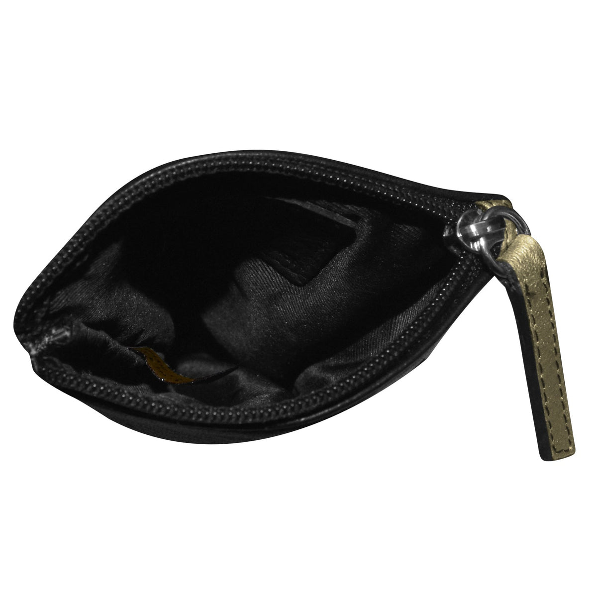 Black zippered pouch with a brass zipper on a white background