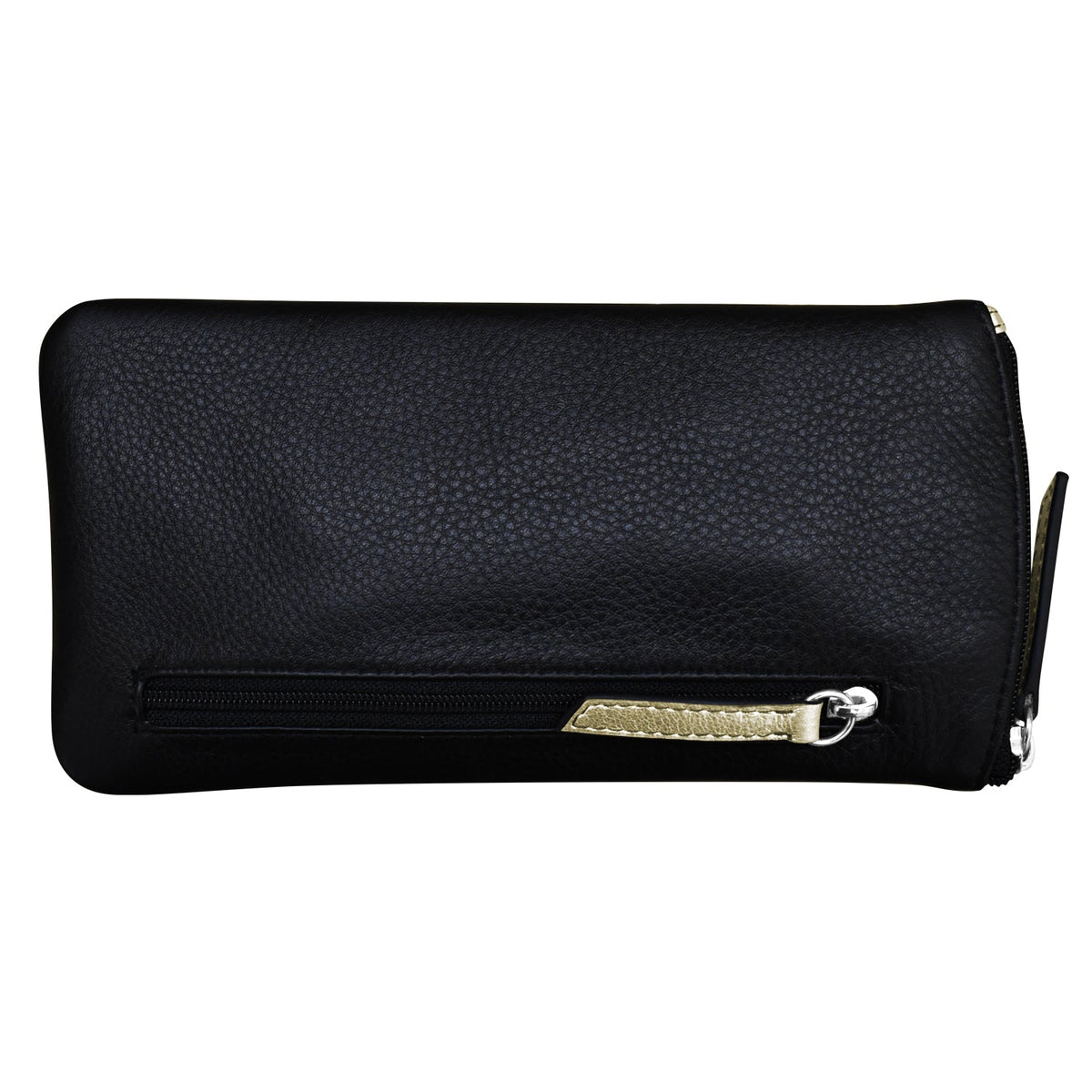 Black clutch bag with a gold zipper on a white background