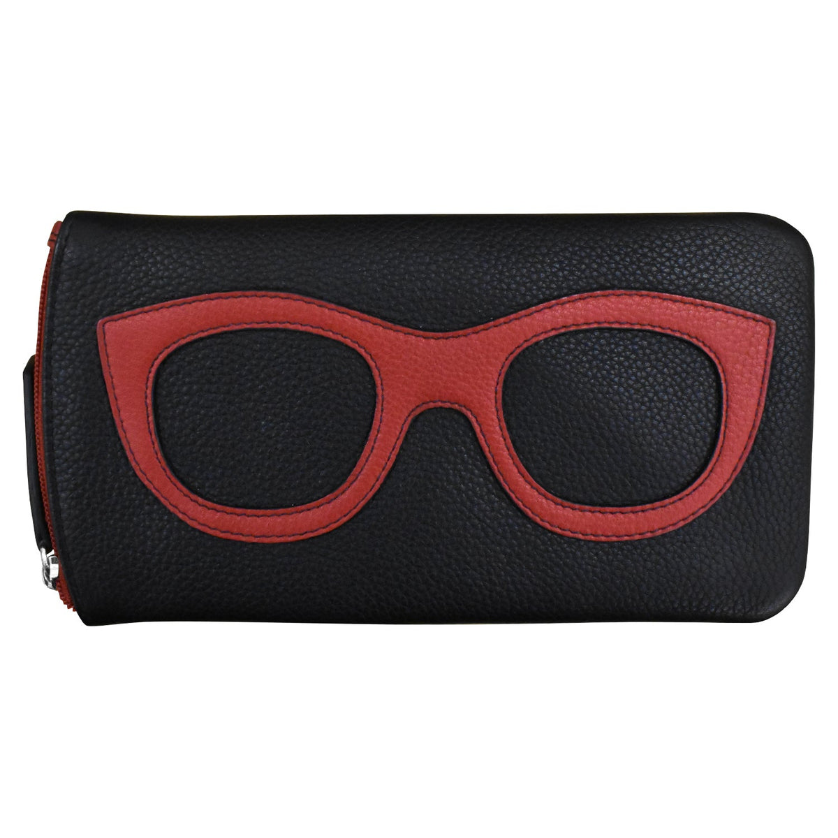Black clutch with red eyeglass frame design on a white background