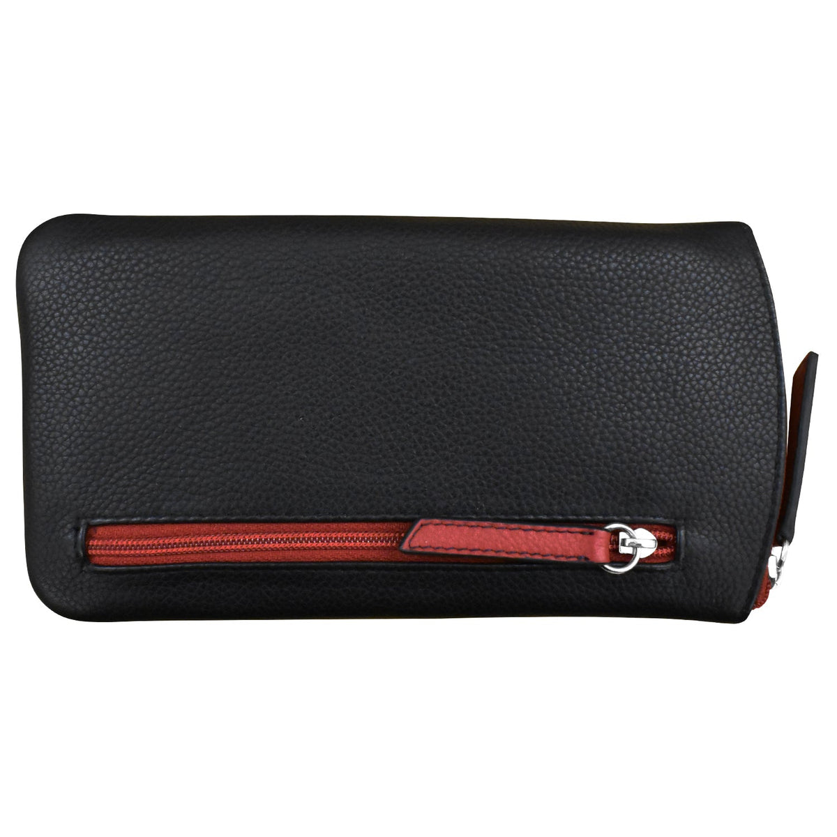 Black leather wallet with a red zipper on a white background