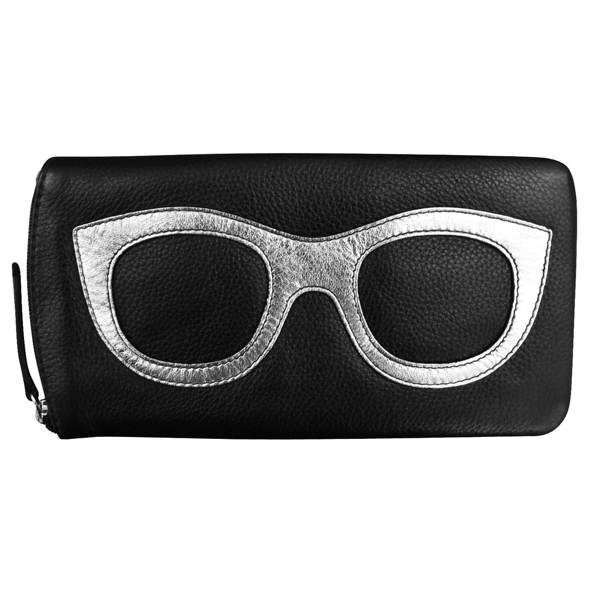 Black wallet with silver glasses design on a white background
