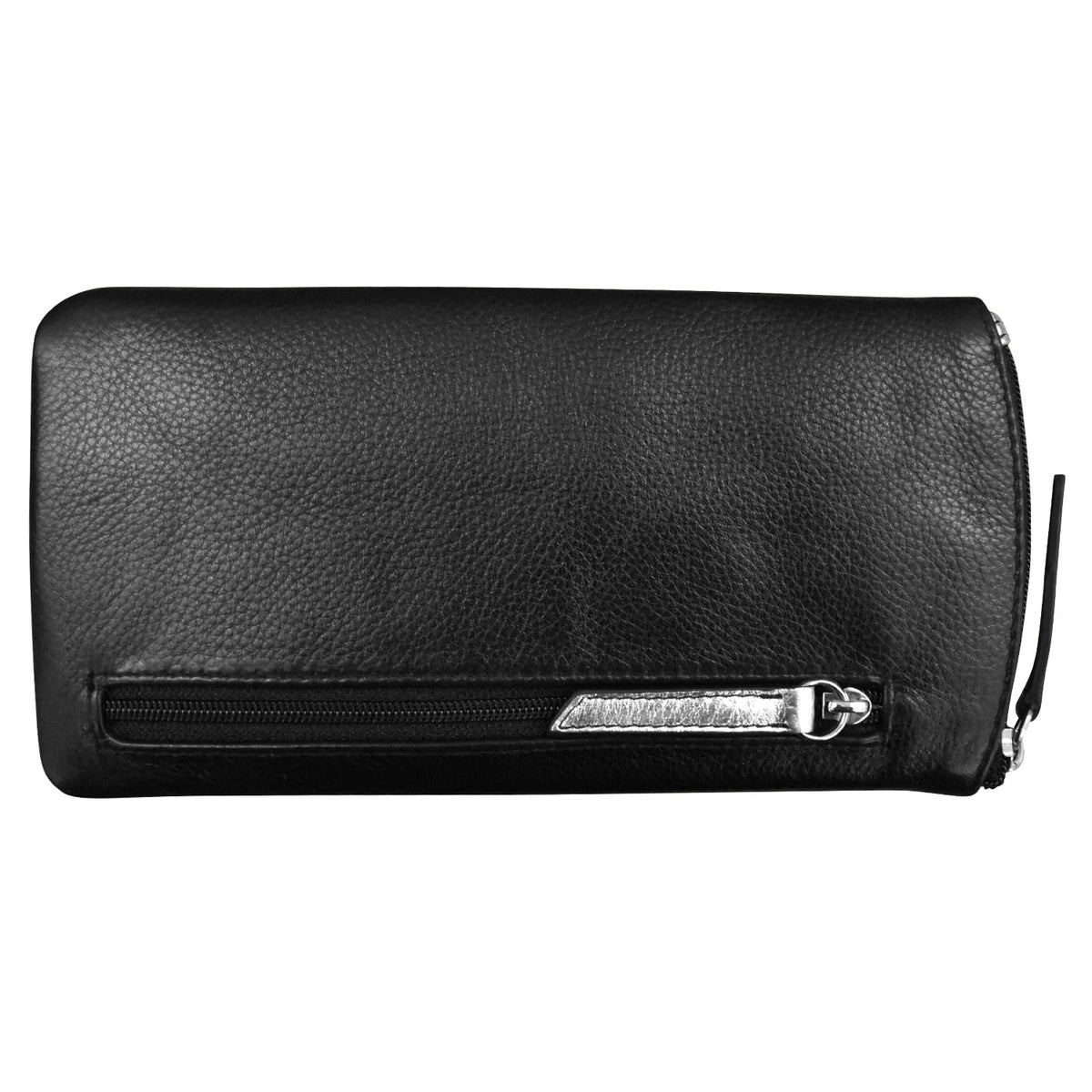 Black leather wallet with a zipper on a white background