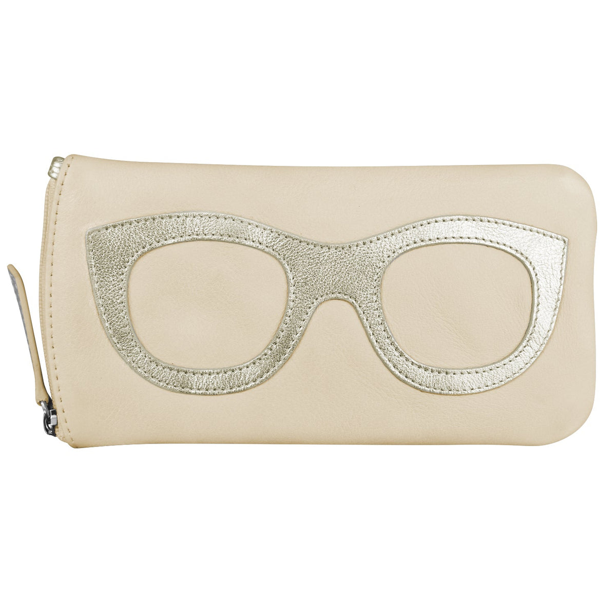 Beige wallet with silver glittery glasses design on a white background