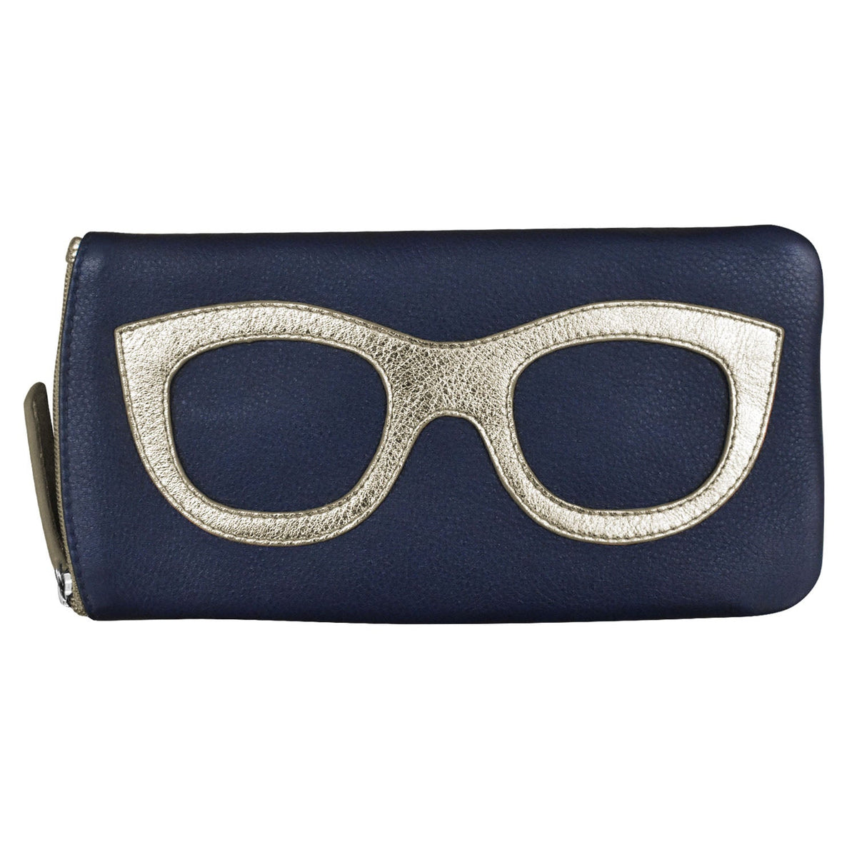 Navy blue clutch with gold glasses design on a white background