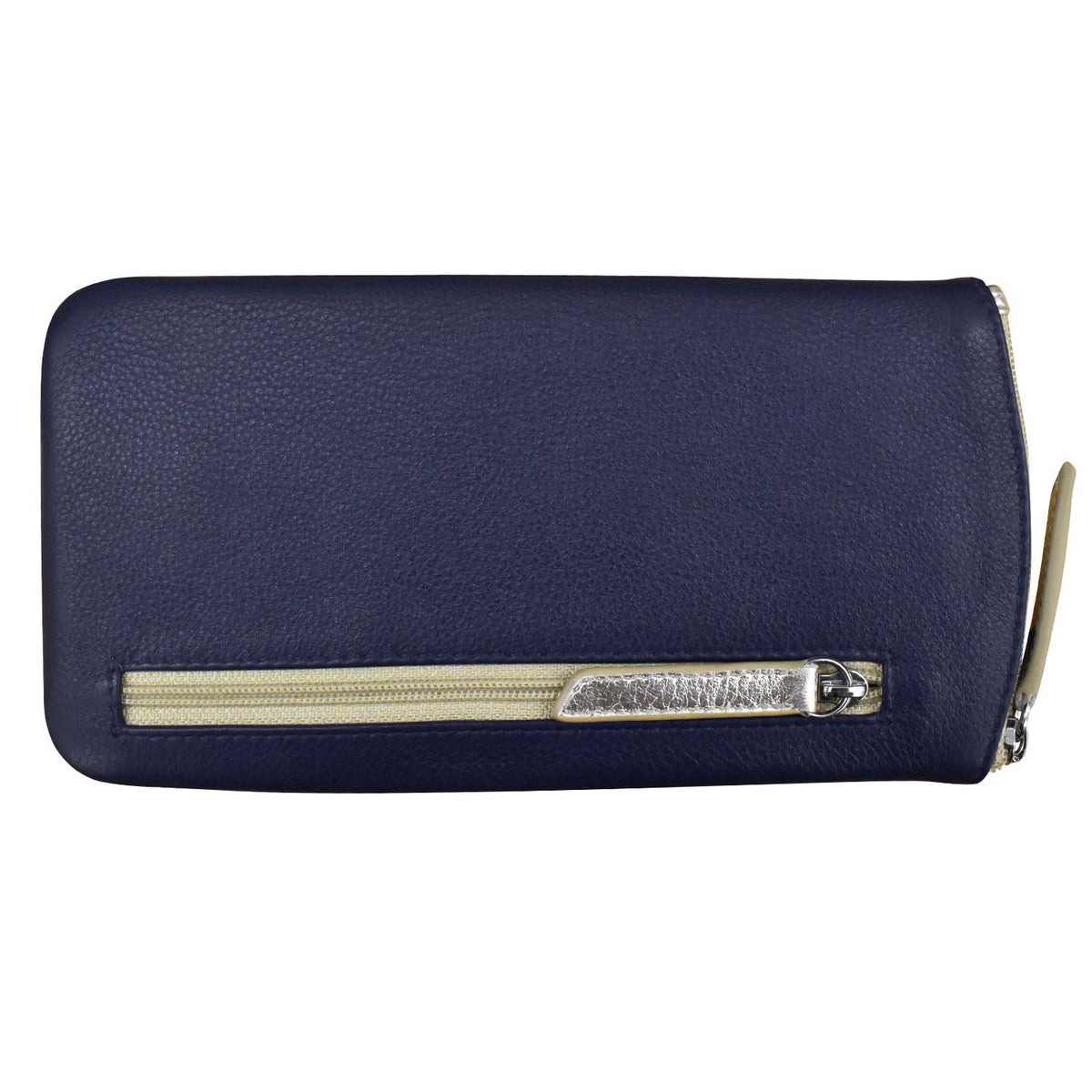 Navy blue wallet with a silver zipper on a white background