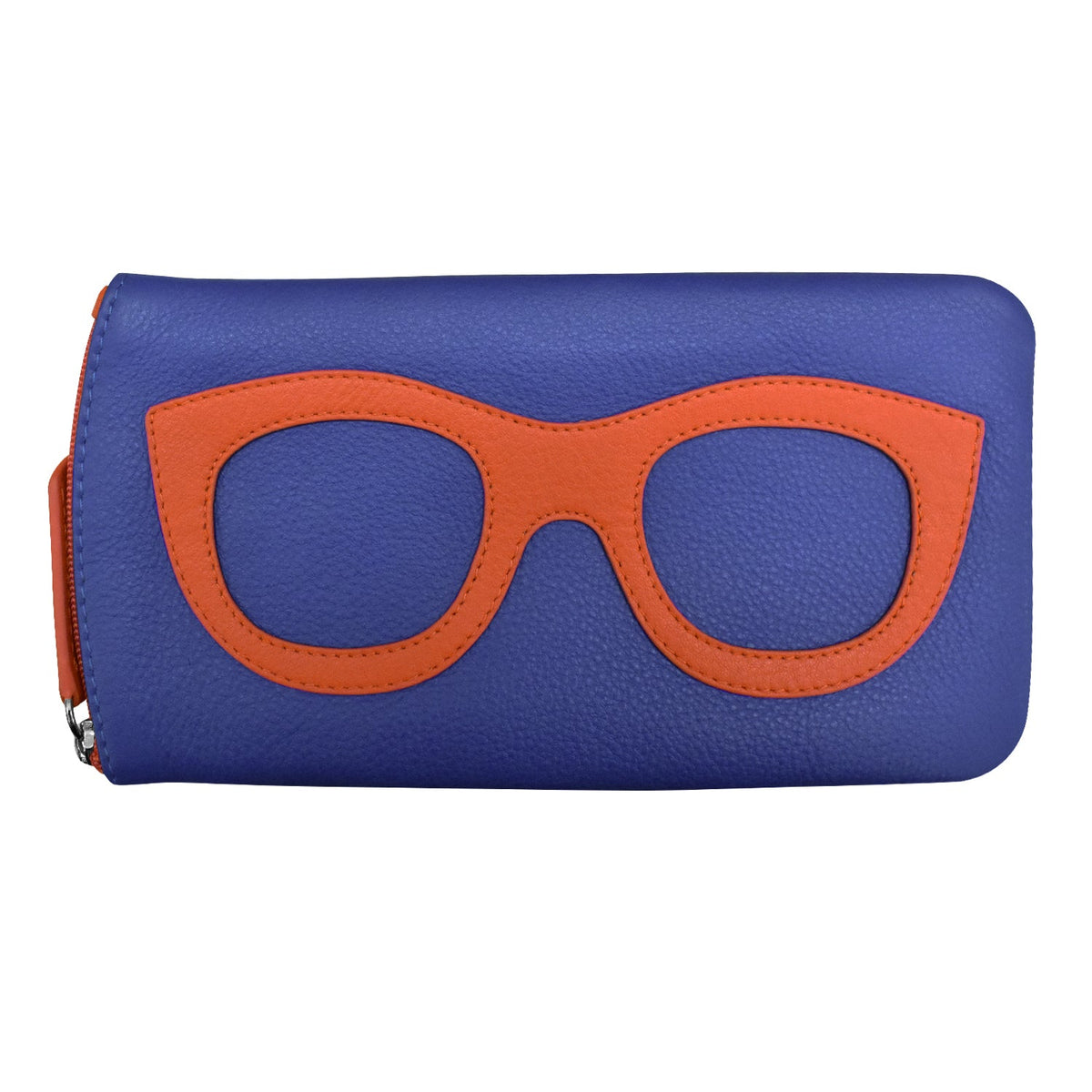 Blue pouch with orange glasses design on a white background