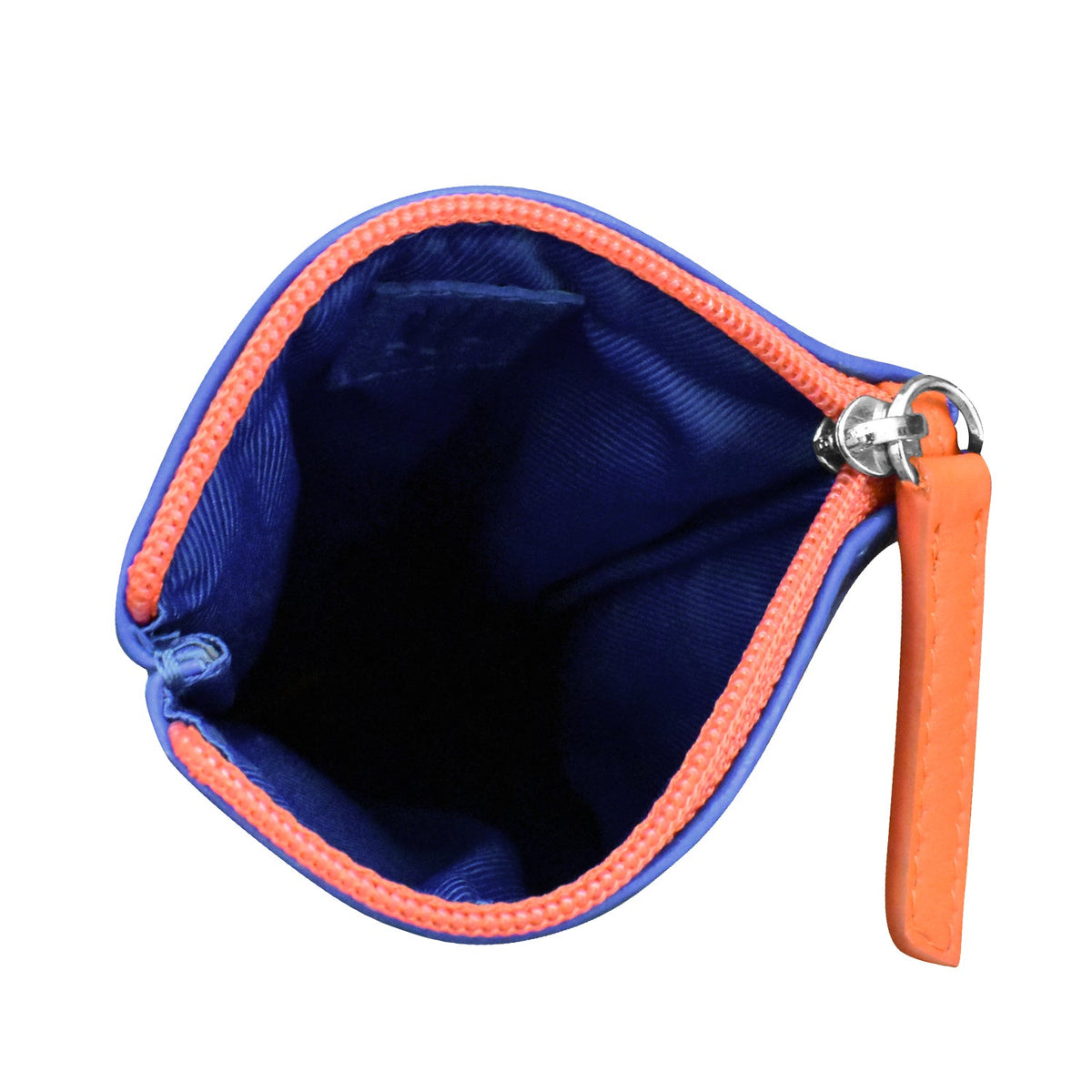 Small pouch with orange zipper and blue interior on a white background