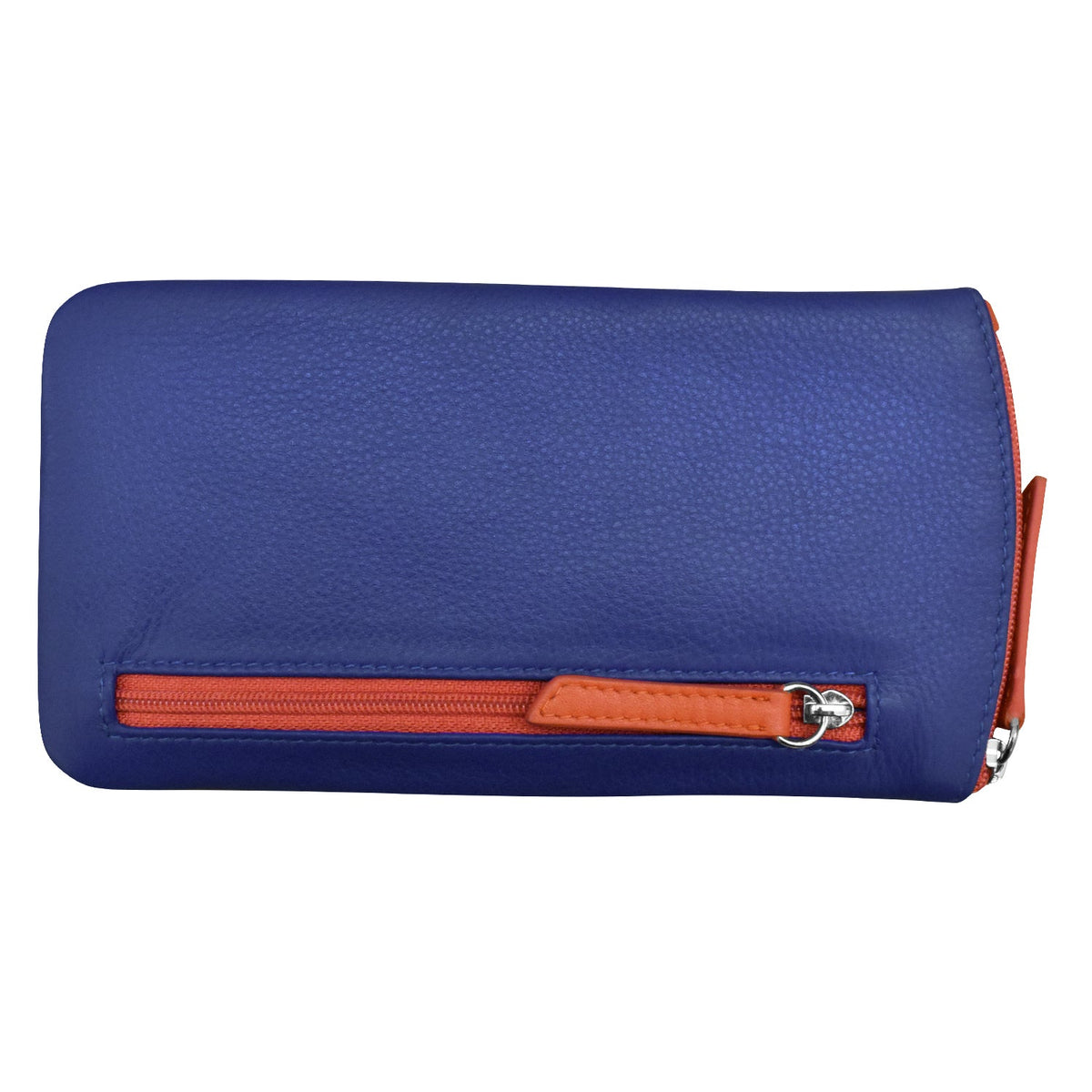 Blue clutch bag with an orange zipper on a white background