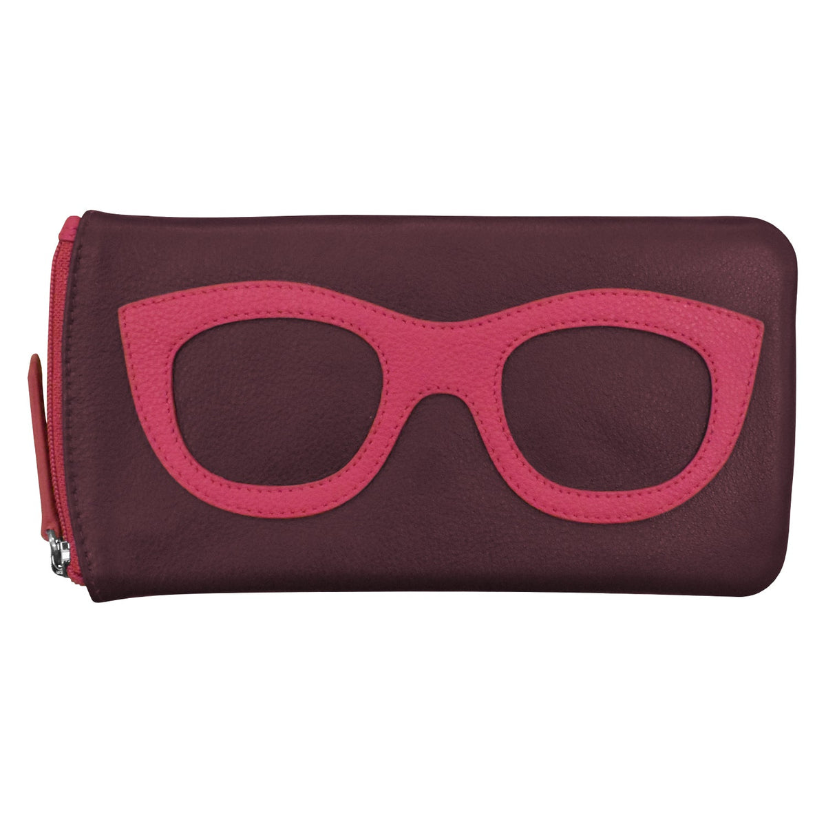 Maroon clutch with pink glasses design on a white background