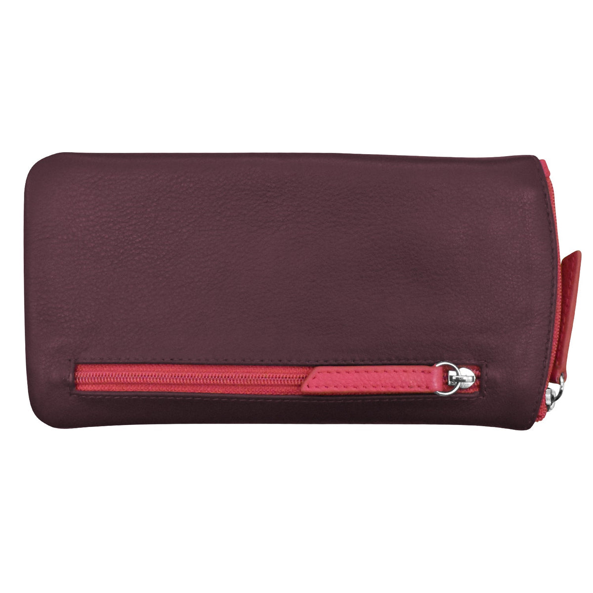 Purple wallet with a red zipper on a white background