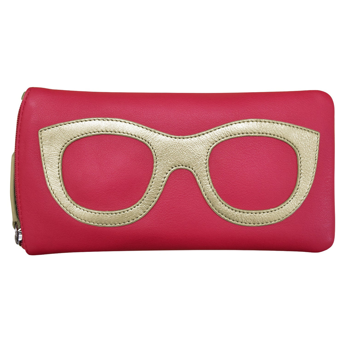 Pink wallet with gold glasses design on a white background