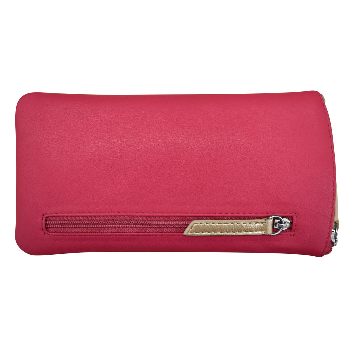 Pink wallet with a gold zipper on a white background