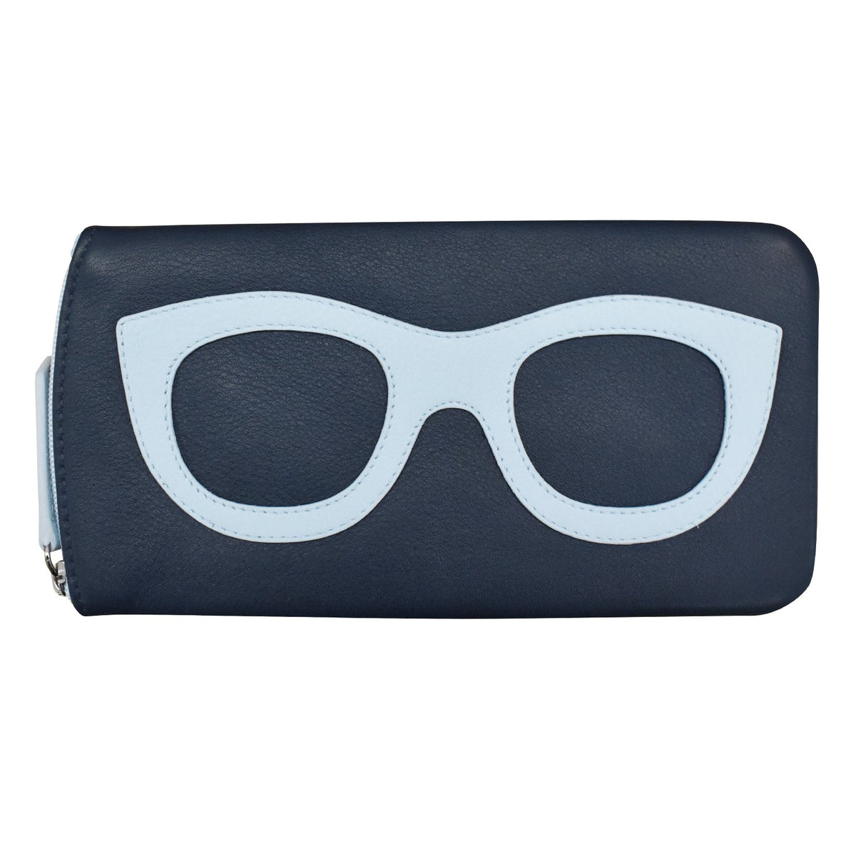 Navy blue wallet with light blue glasses design on a white background