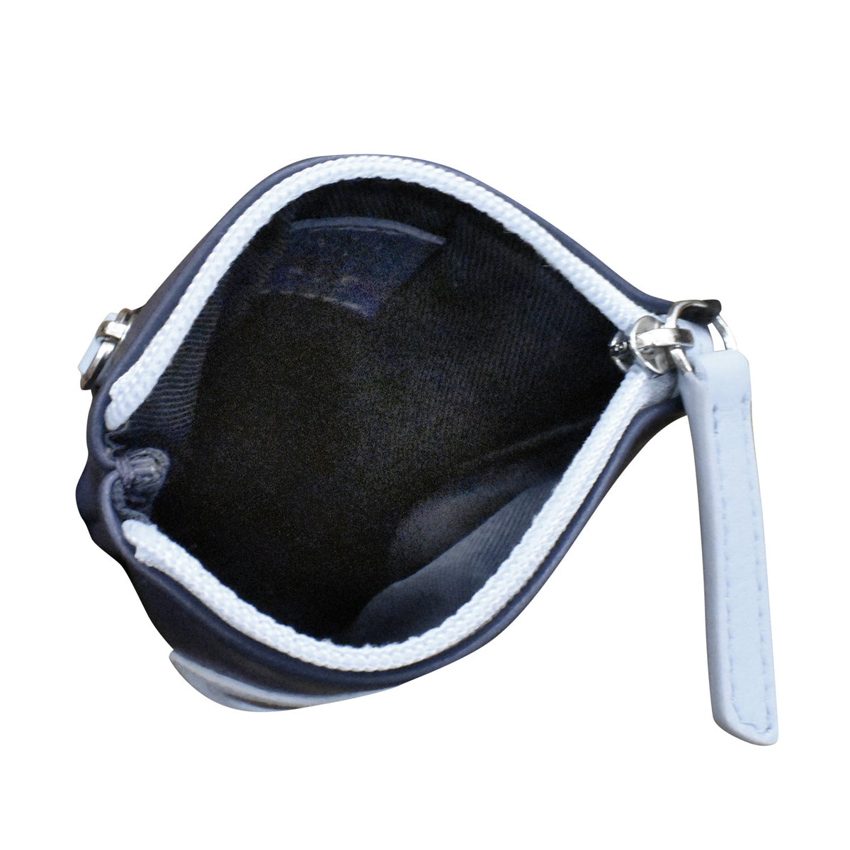 Small black pouch with a white zipper on a white background