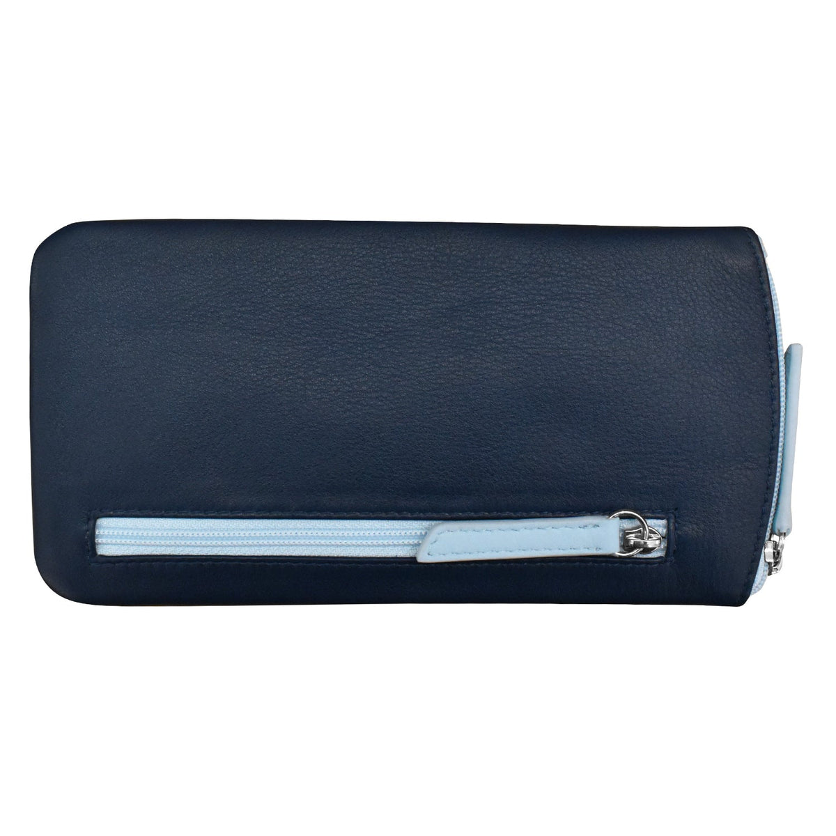 Navy blue clutch bag with a silver zipper on a white background